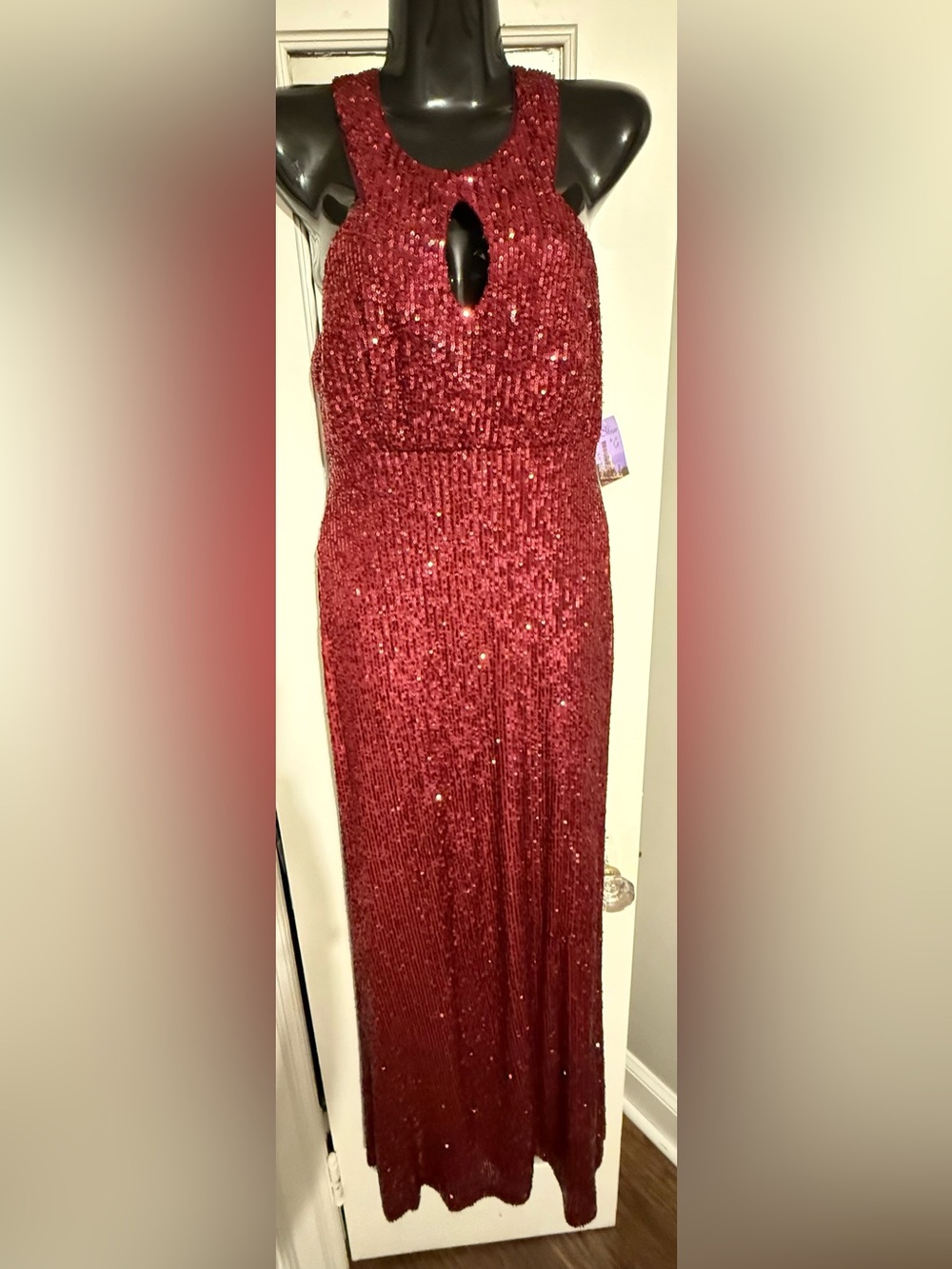 NWT Morgan & Co Sequin High Neck Keyhole Open Back Formal Evening Gown Merlot 5 - Picture 2 of 15